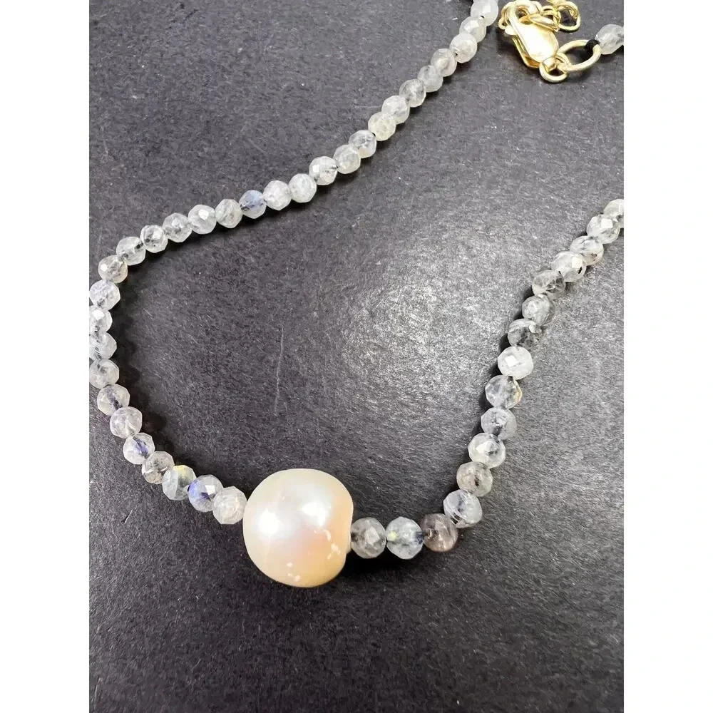 Labradorite and cultured pearl necklace with sterling silver lobster claw clasp
